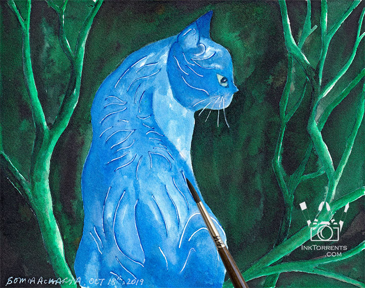 Midnight Cat watercolour Painting